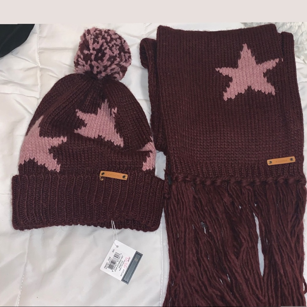 Coach hat and scarf set burgundy knitted NWT